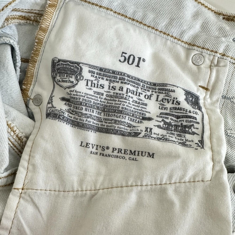 Levi's 501 "Big E" Crop Light Jeans Patchwork Denim Scatter Triangle Holes Sz 26 - Picture 9 of 11